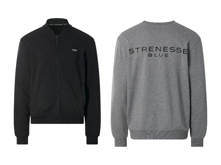 Schwarze Jacke mit Reißverschluss und graues Sweatshirt mit dem Text „STRENESSE BLUE“.