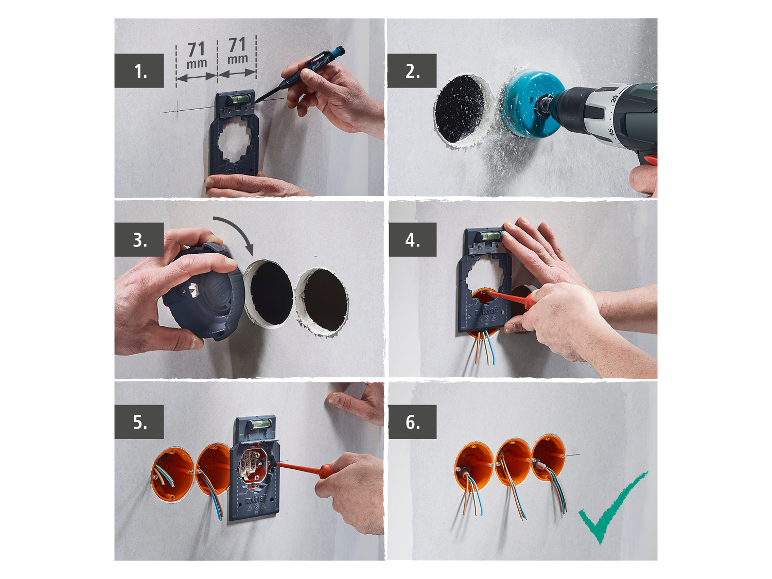 Installation von drei Steckdosen mit WOLFCRAFT Werkzeug.