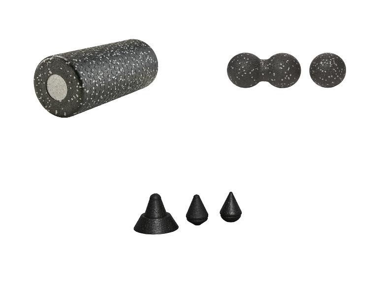 Schwarze Faszienrolle, Doppelball und drei Massagekegel