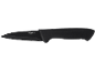 Schwarzes feststehendes Messer mit der Aufschrift „STAINLESS STEEL“ auf der Klinge.