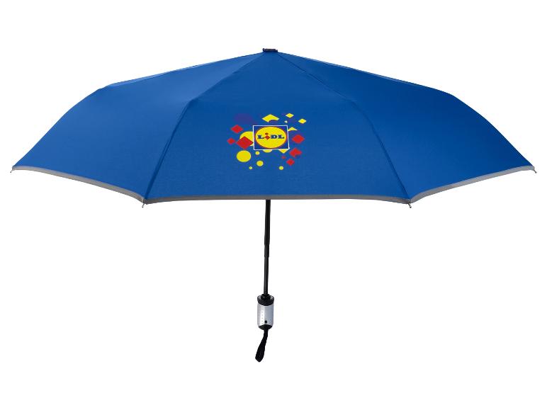 Blauer Regenschirm mit bunten geometrischen Formen und dem Ladenlogo in der Mitte.