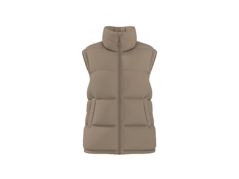 Ärmellose, gesteppte Weste in Beige mit hohem Kragen und Reißverschluss.