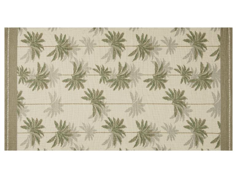 Beiger Teppich mit Palmenblattmuster und braunen Rändern.