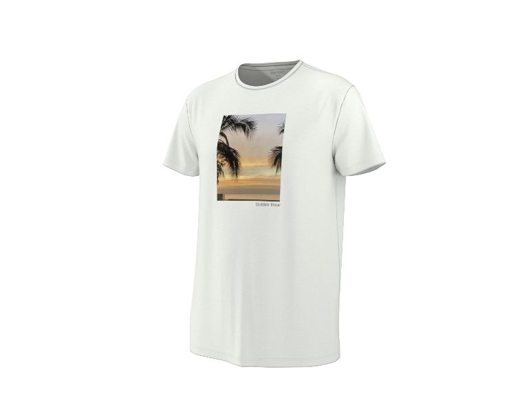 Weißes Herren-T-Shirt mit „Golden Hour“-Print von Palmen bei Sonnenuntergang.