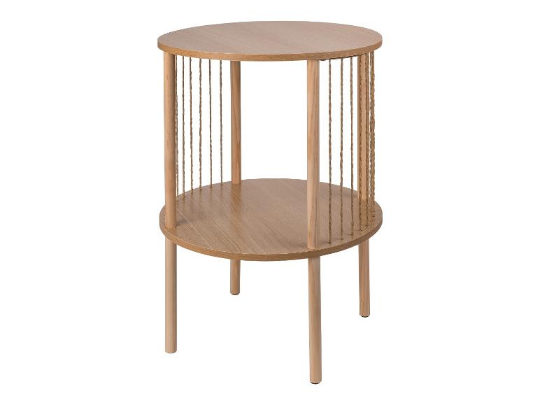 Runder Beistelltisch aus Holz mit zwei Ablagen und Seildetails.