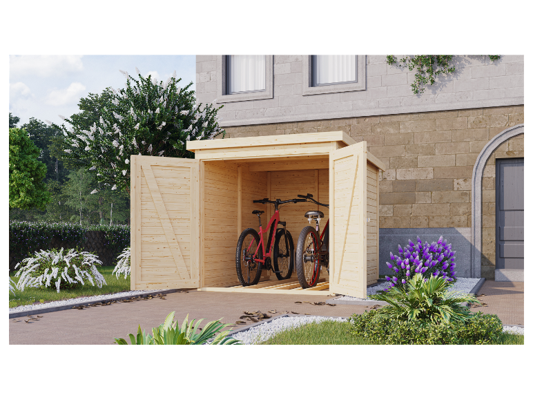 Holz-Gartenhaus mit zwei Fahrrädern.