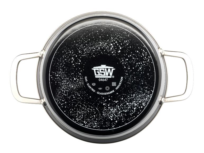 Boden des GSW Stratos Kochtopfs mit Eignungssymbolen.