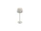 Weiße Tischlampe mit plissiertem Lampenschirm und rundem Fuß.