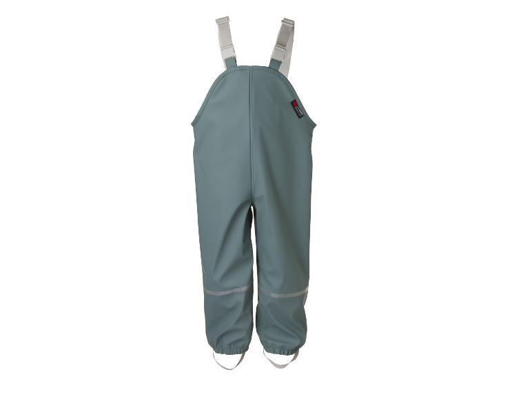 Graugrüne Kinder-Regenhose mit Trägern und reflektierenden Details.
