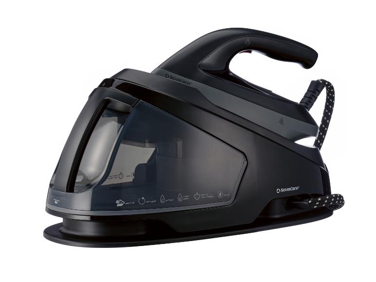 Schwarzes Dampfbügeleisen mit transparentem Wassertank und Markenlogo.