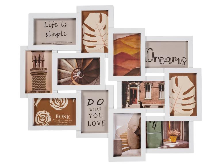 Weißer Mehrfachbilderrahmen mit inspirierenden Zitaten und Naturbildern, darunter „Life is simple“ und „Dreams“.