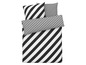 Eine Bettwäschegarnitur mit schwarzen und weißen Streifen und passenden Kissenbezügen.