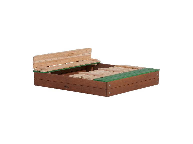 Holzsandkasten mit Bänken, die sich in eine Abdeckung verwandeln, mit grünen Akzenten.