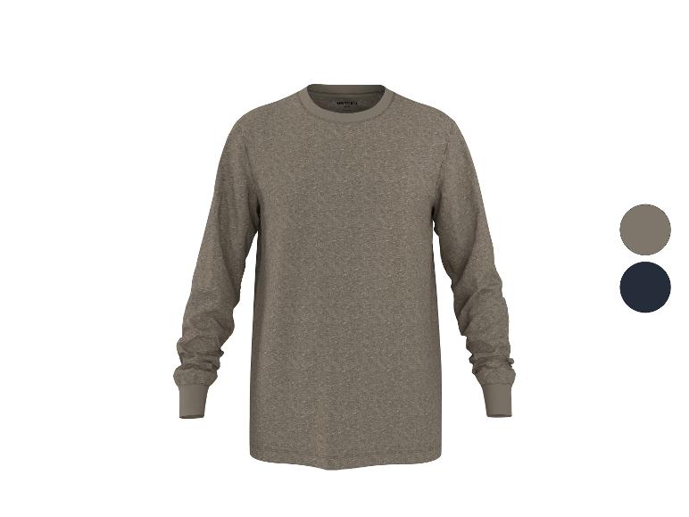 Herren Langarm-T-Shirt in meliertem Grau, mit Farboptionen Grau und Marineblau.
