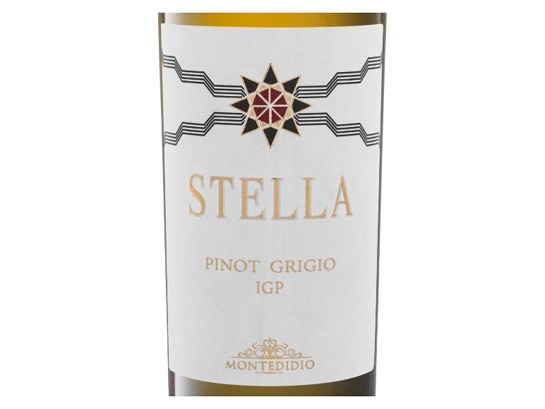 Weißwein-Flaschenetikett mit Sternmotiv, Text „STELLA PINOT GRIGIO IGP“