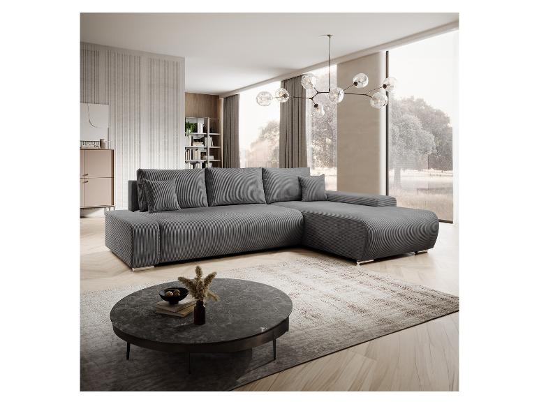 Dunkelgraue Cord-Eckcouch, moderner Couchtisch.