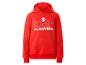 Roter Kapuzenpullover mit weißem „FC BAYERN“-Schriftzug und Vereinslogo.