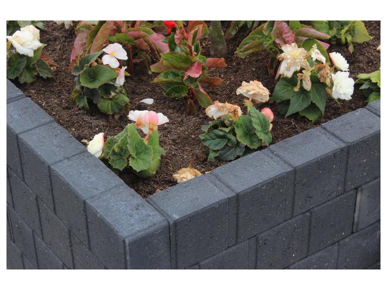 Blumenbeet mit weißen und rosa Blüten in einem dunkelgrauen Ziegelrahmen.