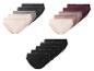 Packungen gerippter Damen-Slips mit Spitzenbesatz in verschiedenen Farben, darunter Schwarz, Grau und Bordeaux.