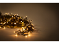 Weihnachtsbeleuchtung mit warmweißen LED-Lichtern und grünen Tannenzweigen auf hellem Hintergrund.