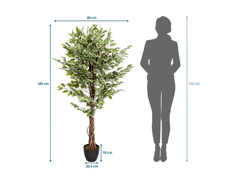 Künstlicher Baum mit grün-weißen Blättern und Maßen neben einer Personensilhouette.