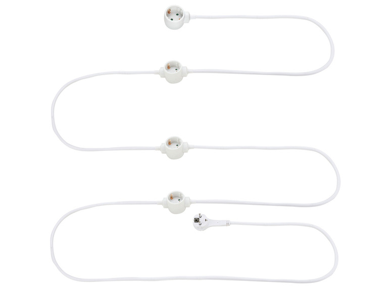 Drei weiße Kabel mit Steckern und Steckdosen.