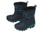 Kinder-Winterstiefel mit dunkelblauem und grünem Muster und dem Text „WINTER holiday“.