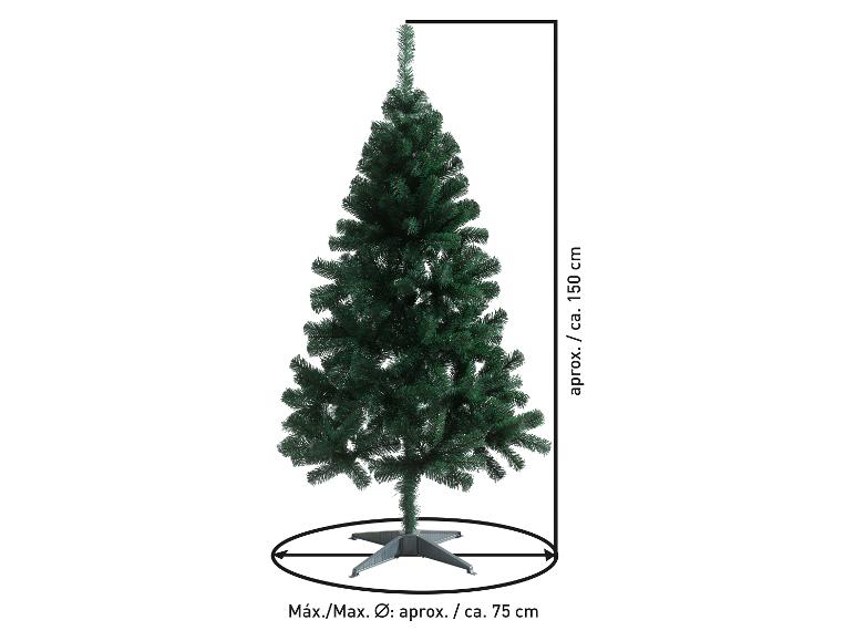 Künstlicher Weihnachtsbaum mit Maßen: 150 cm Höhe und 75 cm Durchmesser.