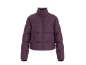 Lila Pufferjacke mit Stehkragen und Reißverschluss.