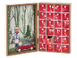 Hölzerner Adventskalender mit 24 roten Schubladen und einer Weihnachtsszene.