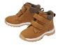 Ein Paar braune Kinderstiefel mit Klettverschlüssen und weißer Sohle.