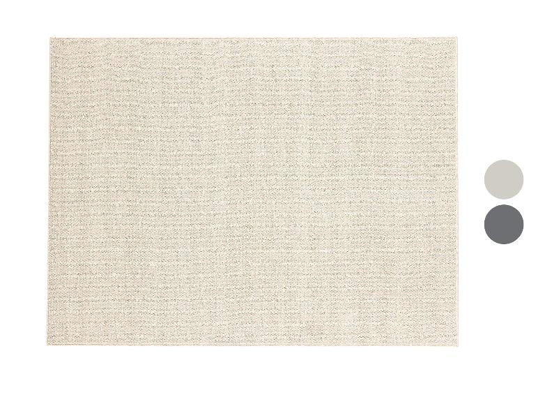 Beigefarbener rechteckiger Teppich mit Textur, mit hellgrauen und dunkelgrauen Farbmustern.