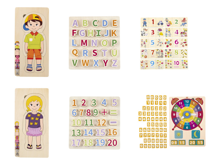 Holzp puzzles mit Buchstaben, Zahlen, Bildern und Figuren.