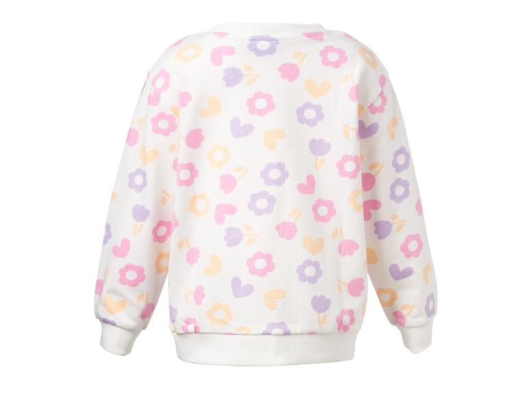 Weißes Kinder-Sweatshirt mit buntem Blumen- und Herzmuster.
