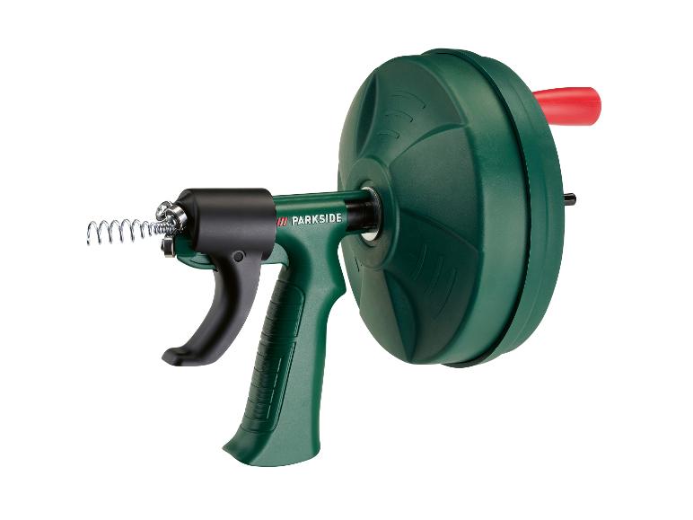 Grüner manueller Abflussreiniger mit Griff und roter Kurbel.