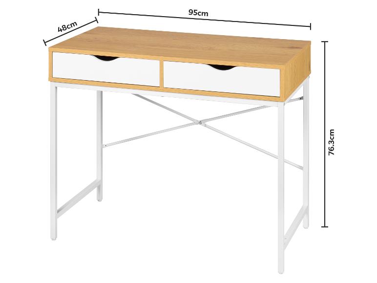 Holzschreibtisch mit zwei weißen Schubladen und weißem Metallrahmen, Maße 95x48x76.3cm.