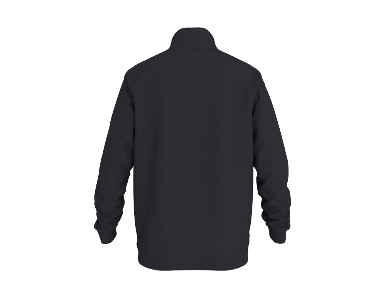 Rückenansicht eines schwarzen Sweatshirts mit Reißverschluss und Stehkragen.