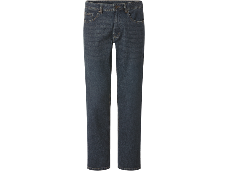 Dunkelblaue Herrenjeans mit geradem Bein und klassischen Taschen.
