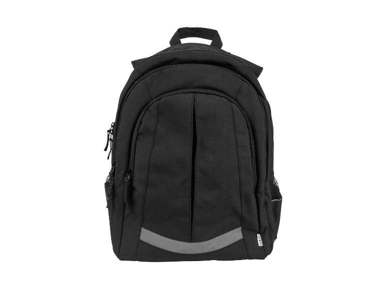Schwarzer Rucksack mit reflektierenden Details, Vorderansicht.