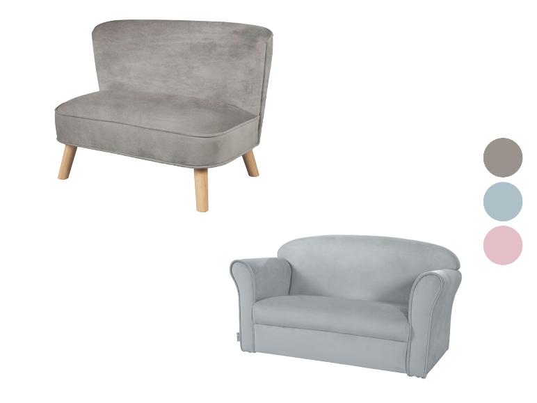 Zwei graue Kindersofas in verschiedenen Stilen mit Farbmustern.