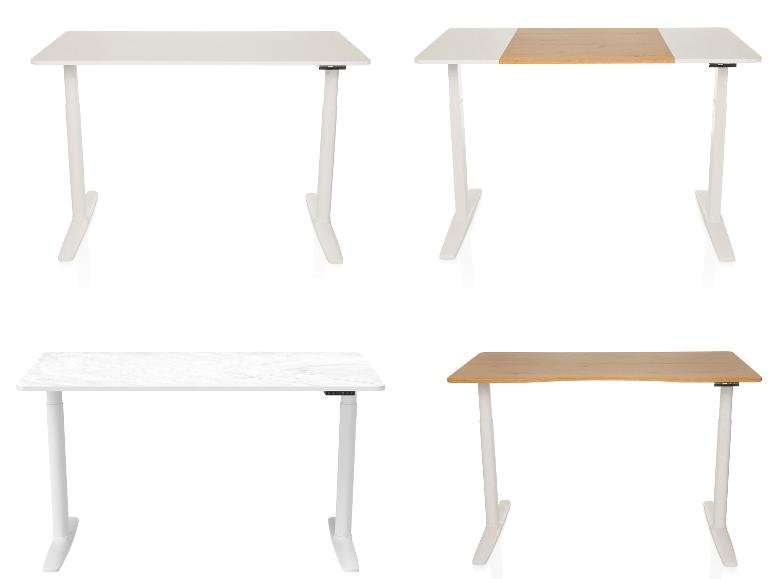 Vier verstellbare Stehschreibtische mit weißen und holzgemusterten Platten