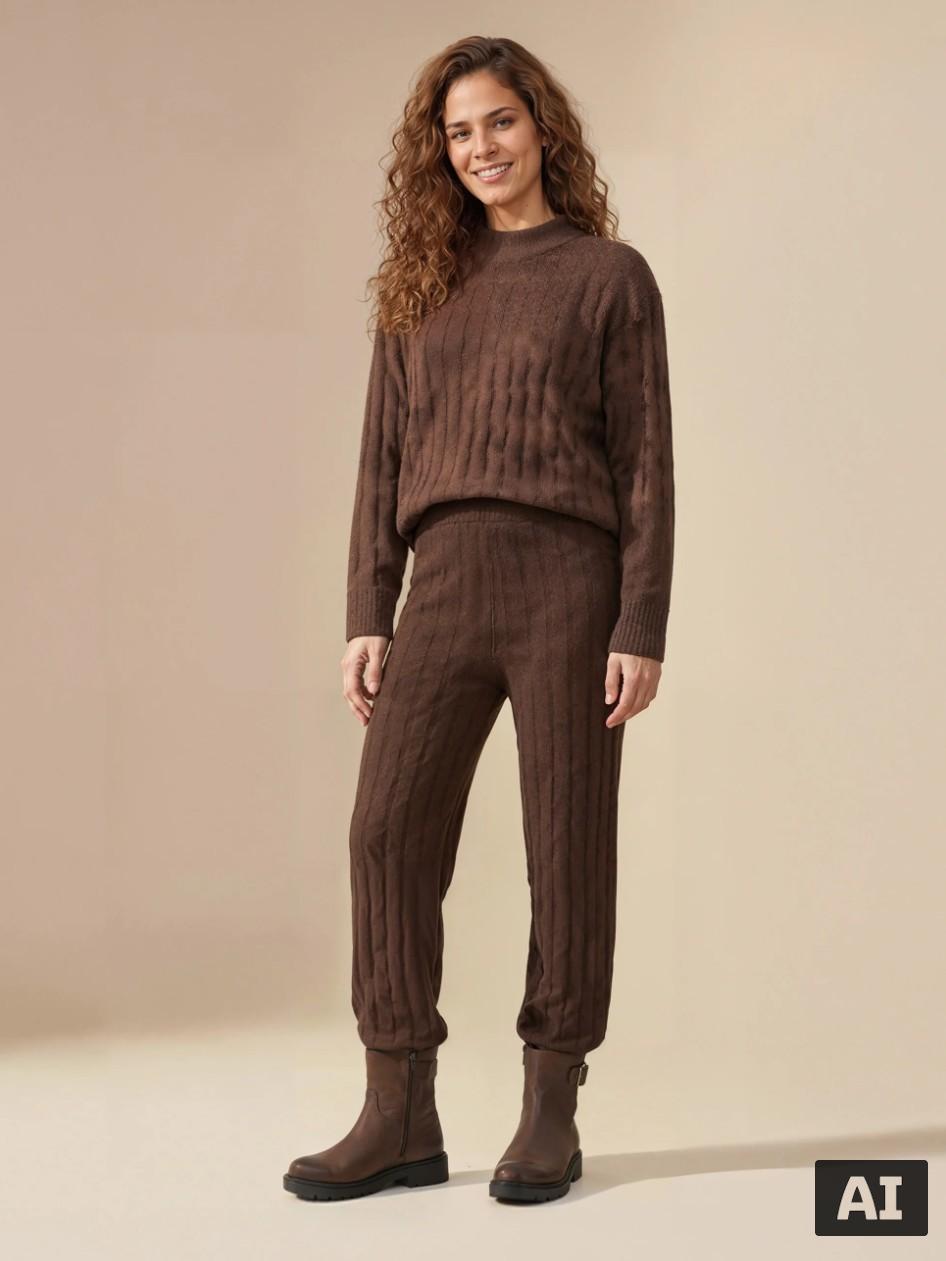 Frau in braunem geripptem Strickpullover und passender Hose, mit braunen Stiefeln.