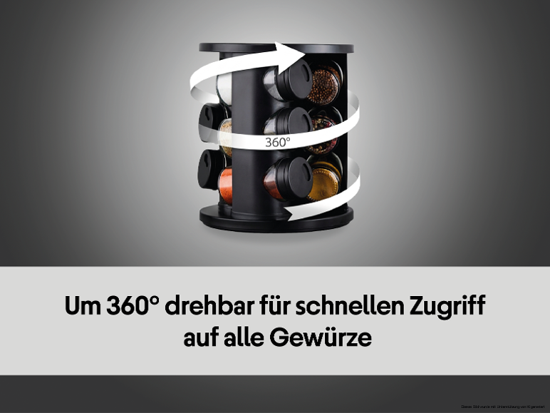 Schwarzes drehbares Gewürzregal mit 360°-Drehung und Text: „Um 360° drehbar für schnellen Zugriff auf alle Gewürze“.