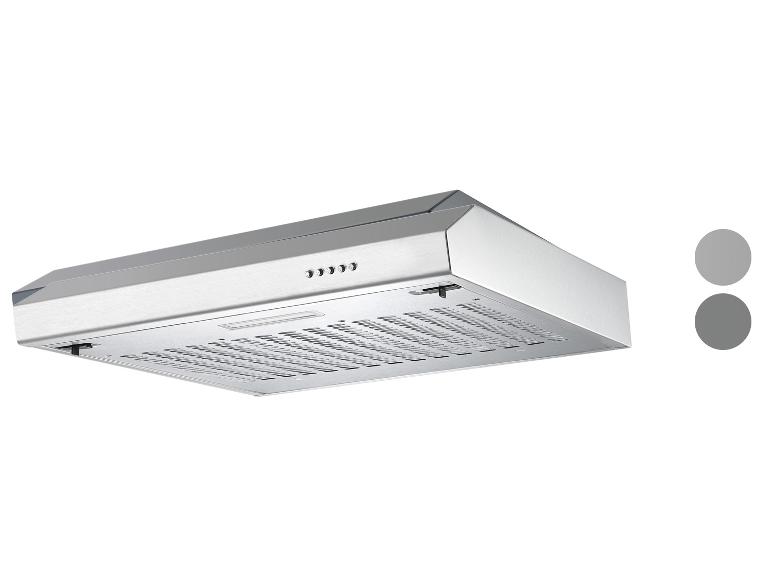 Edelstahl-Unterbauhaube mit Drucktastensteuerung und zwei Farbmustern.