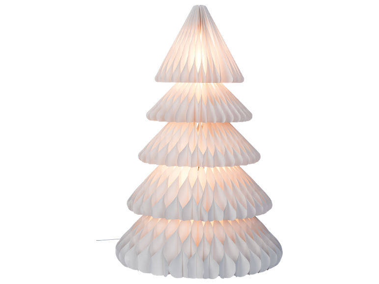 Leuchtender Tannenbaum aus Papier auf schwarzem Hintergrund.