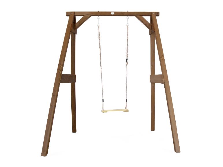 Holzschaukel mit Einzelsitz auf weißem Hintergrund.