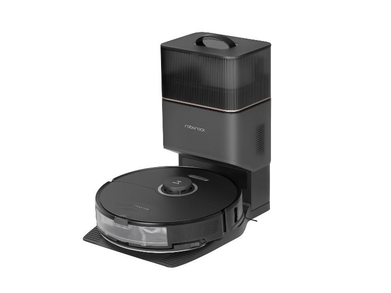 Schwarzer Saugroboter mit automatischer Entleerungsstation auf weißem Hintergrund.