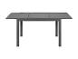 Grauer, ausziehbarer Tisch mit rechteckiger Platte.
