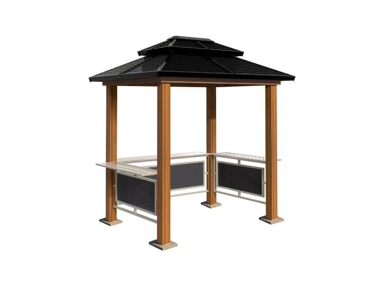 Holzpavillon mit schwarzem Dach und integrierten Grilltheken.