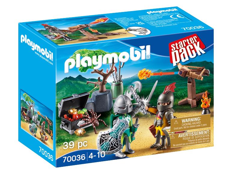 Playmobil Starter Pack mit zwei Rittern, einer Schatztruhe und einer Katapult.